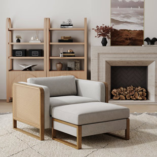 Boho Accent Chair With Ottoman Set With Rattan Accent And Solid Wood Frame
