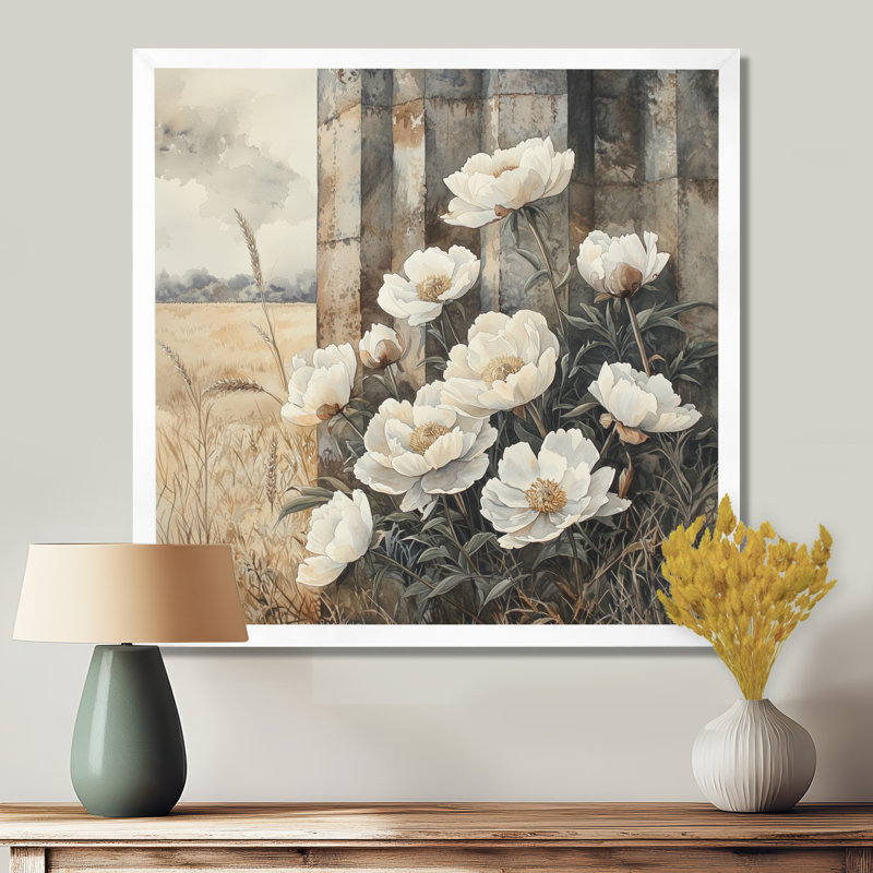 Hiver, pivoines par le silo - pivoines, art mural, Reproduction encadrée d'une seule photo, H 16 po x l 16 po, Blanc