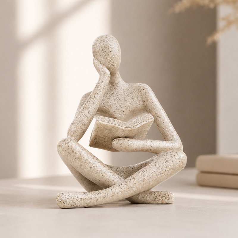 Beige Resin Reading Thinker Statue Abstract Bookshelf Decor