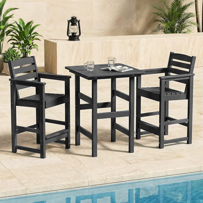 3-Piece HDPE Outdoor Patio Bar Set With Two Chair And Square Bar Table, Black