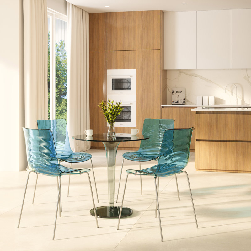 Minelli Dining Side Chair with Water Ripple Design and Chrome Legs, Transparent Blue