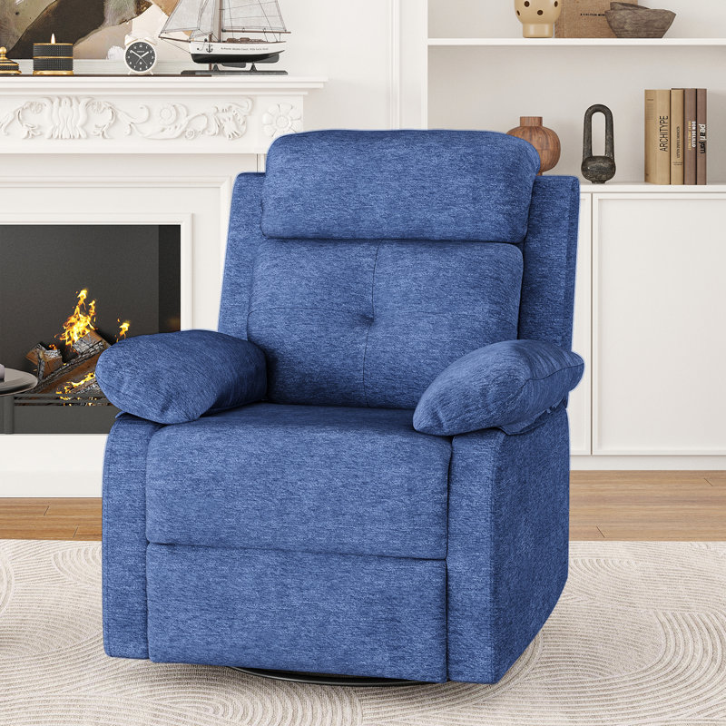 Upholstered Chenille Blue Swivel Rocker Recliner, Blue Chenille