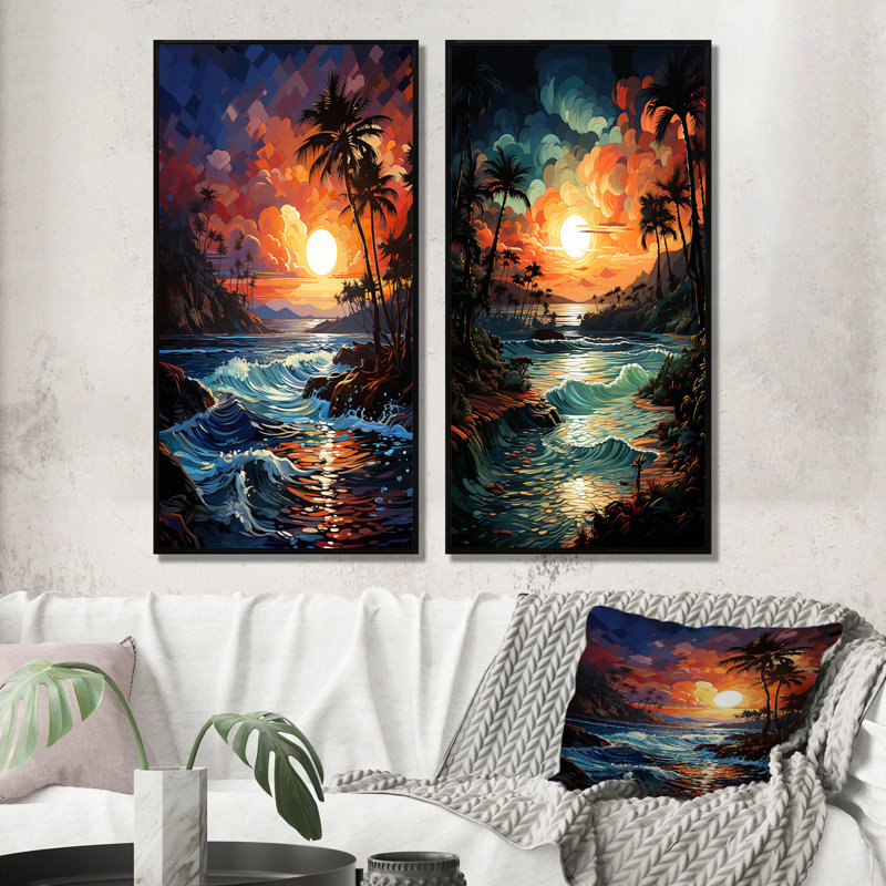 «Colorful Orange Palm Trees Sunset», 2 pièces, Cadre noir, H 20 po x l 24 po