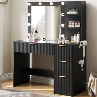 Dulane 36" Makeup Vanity With Charging Station, 4 Drawers, 3 Shelves and Glass Top