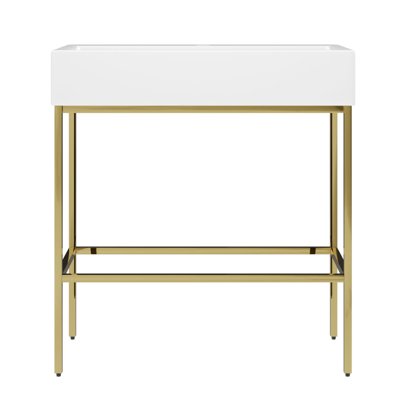 White Ceramic Console Sink with Gold Stainless Steel Frame