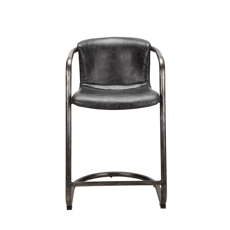 Freeman Bar Stool, Counter Stool (25" Seat Height), Black Genuine Leather