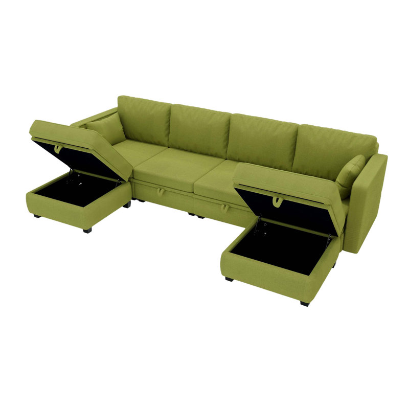 Wide Reversible Modular Sofa & Chaise with Ottoman, Olive Linen