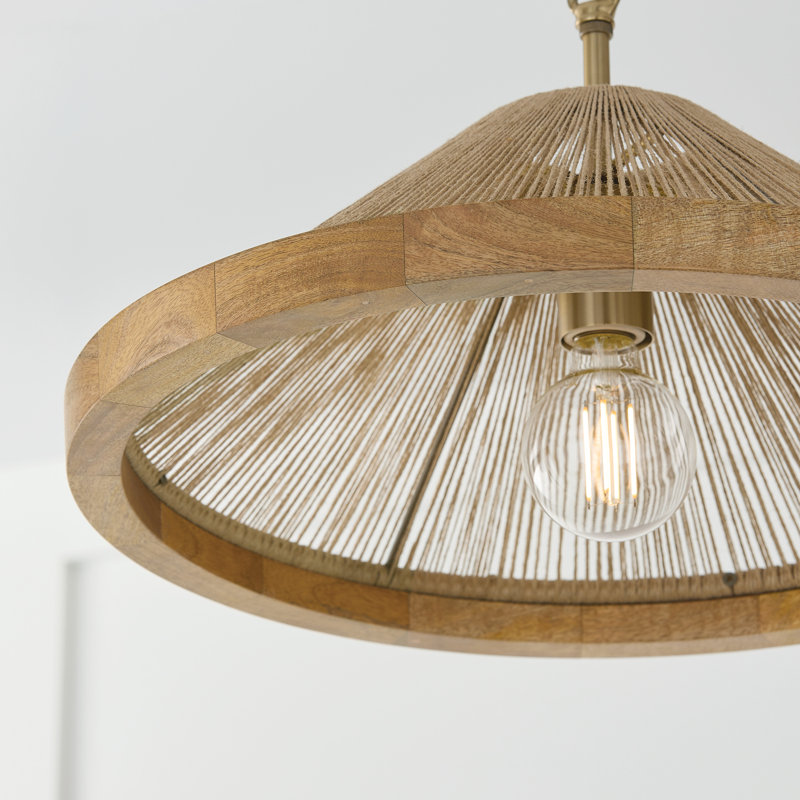 19"W x 7"H 1-Light Dual Mount Pendant in Matte Brass with Mango Wood and Handwrapped Jute Rope