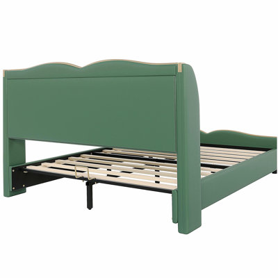 Queen Size Leather Upholstered Bed Frame, Modern Bed Frame with Wingback Head board, Upholstered Platform Bed with Wavy Footboard, No Spring Box Needed, Dark Green
