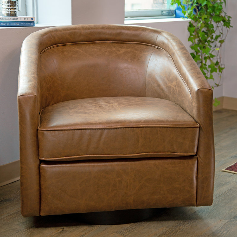 Kiersten Faux Leather Swivel Barrel Chair, Walnut Faux Leather
