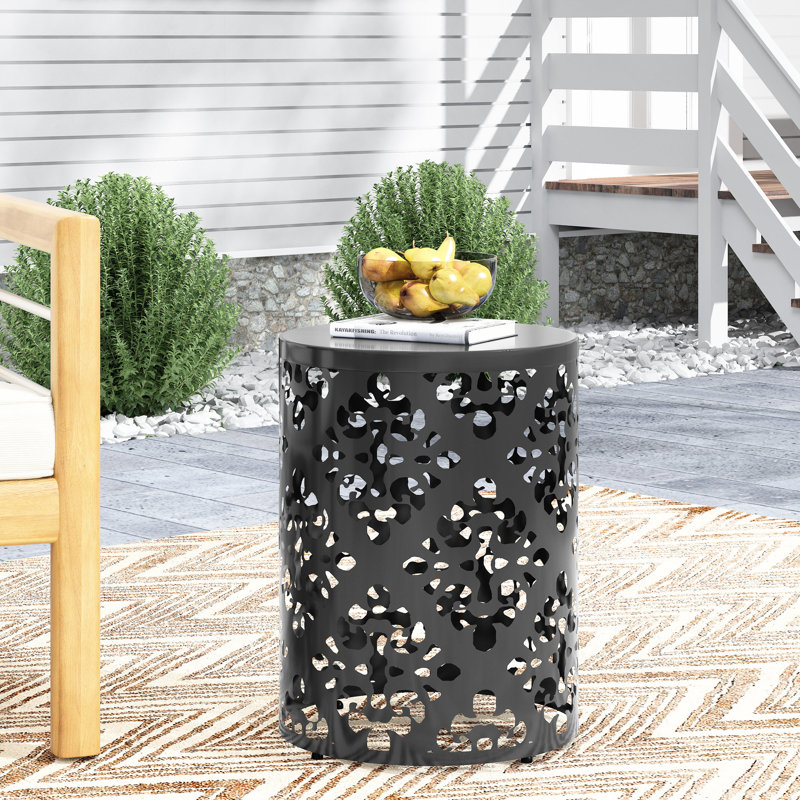Table d'appoint d'extérieur en métal - grande structure moderne en fer découpé avec décoration florale gracieuse, structure thermolaquée, sans assemblage, noir, l 14,18 po x P 14,18 po H 17,95 po