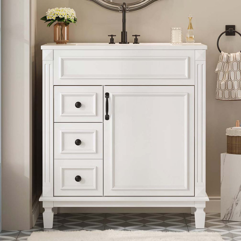 Meuble-lavabo avec lavabo en céramique, armoire avec 2 tiroirs et tablette réglable, Blanc