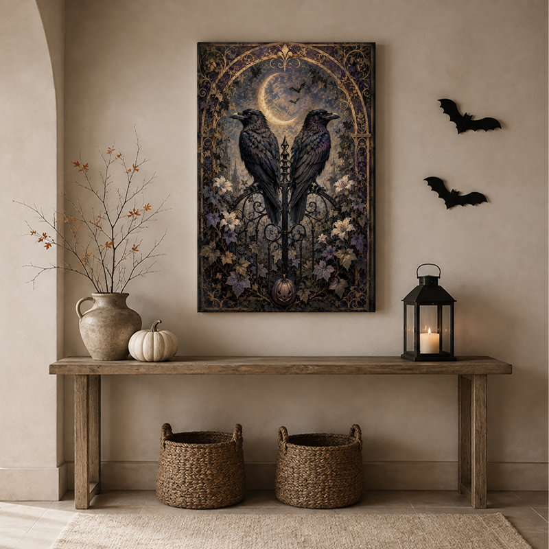 «Black Ravens on Gothic Gate with Crescent Moon», art mural sur toile, H 24 po x l 18 po