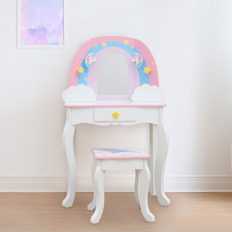 Aelicia Rainbow Unicorn Kids Vanity Table & Stool with Mirror