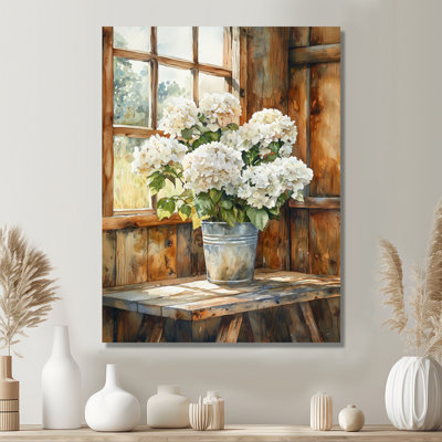 Hydrangeas on the Barn table III - Hydrangea, décoration murale en métal, reproduction d'art traditionnelle en métal