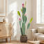 Cactus artificiel à 3 branches 4,5 pi avec fruits roses en pot tissé brun, plantes de cactus artificielles pour plantes grasses
