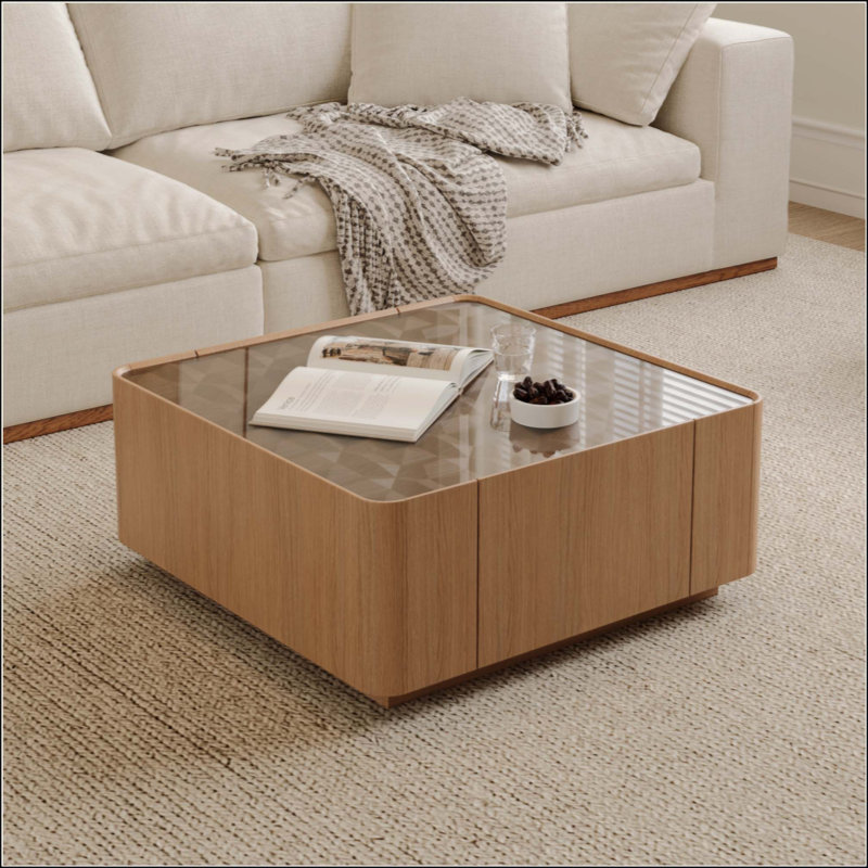 Table basse carrée avec tiroirs de rangement, table basse moderne en bois avec plateau en verre, tables de centre de table de thé pour le salon
