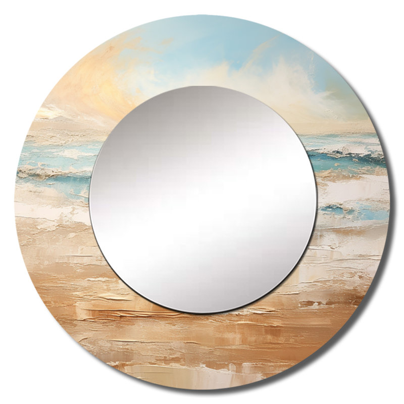 Roenia Golden and Blue Beach Tranquility II - miroir décoratif de plage, miroir mural rond côtier, impression d'art en métal