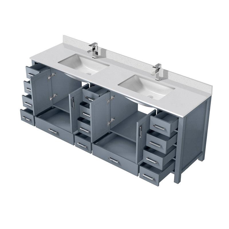 Meuble-lavabo double gris foncé 84 po X P 22 po D, dessus en quartz blanc et ensemble de robinet, Gris foncé