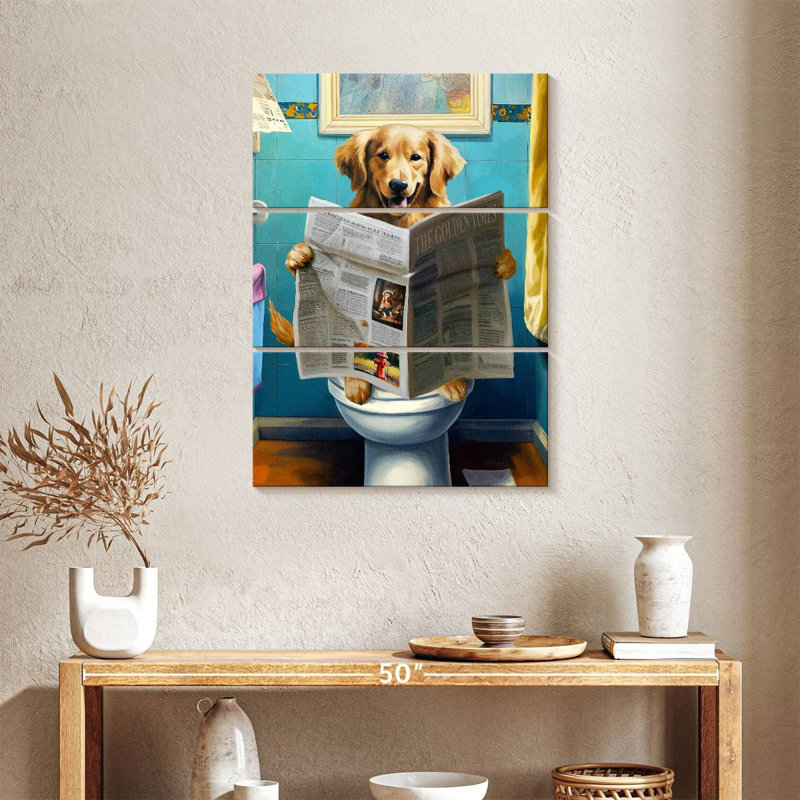 «Funny Animal Golden Retriever On A Toilette», ensemble de 3 reproductions sur toile 3 pièces, H 38 po x l 24 po x P 1,25 po