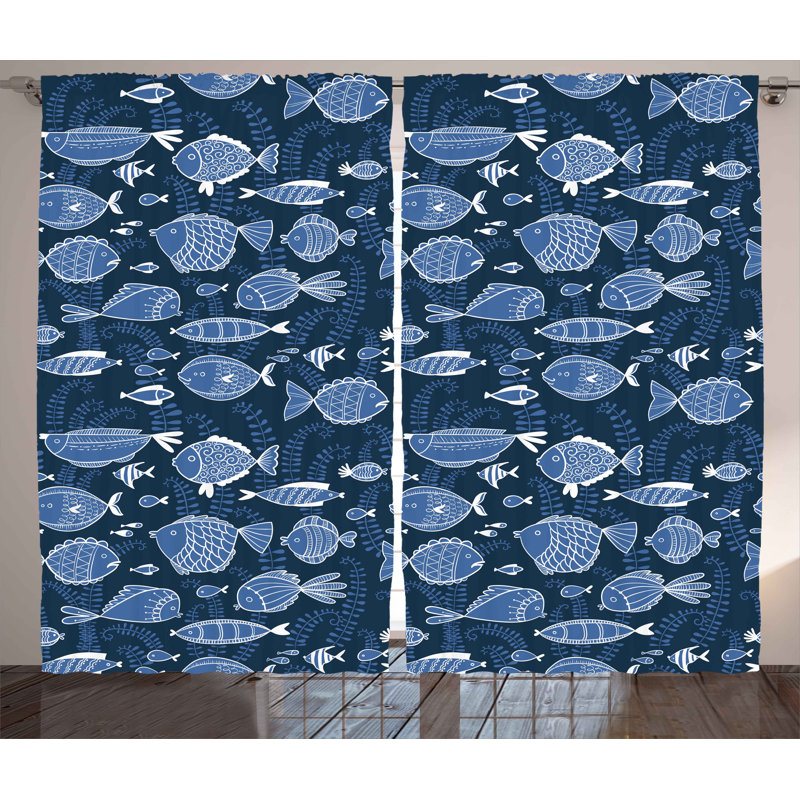 Wildlife Fish Semi-Sheer Rod Pocket Curtain Panels, 54" W x 84" L
