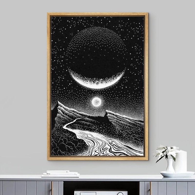 Dots, rivière, paysage, planètes, astronomie, espace, cosmique, illustrations, moderne, rustique, scénique, sombre, Naturel