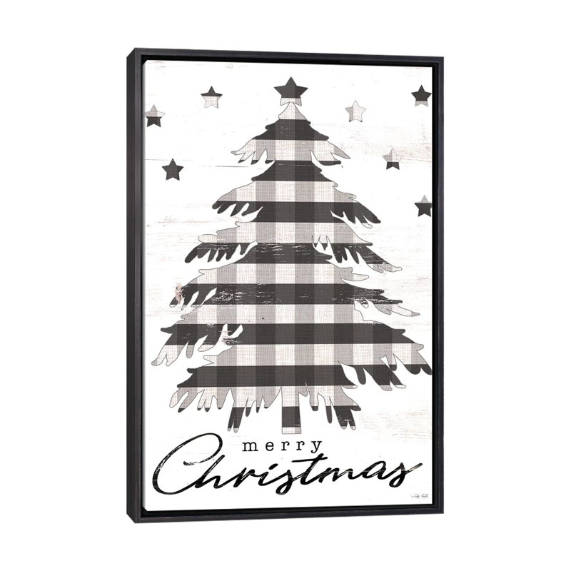 Arbre de Noël joyeux Noël et étoiles par Cindy Jacobs-impression d’art graphique, Toile avec cadre noir patiné, Pas de tapis