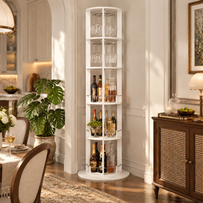 73" Tall Freestanding Wine Bar Cabinet, 360° Rotating Round Wine Glass Rack with Multi-Tier Storage Shelves
