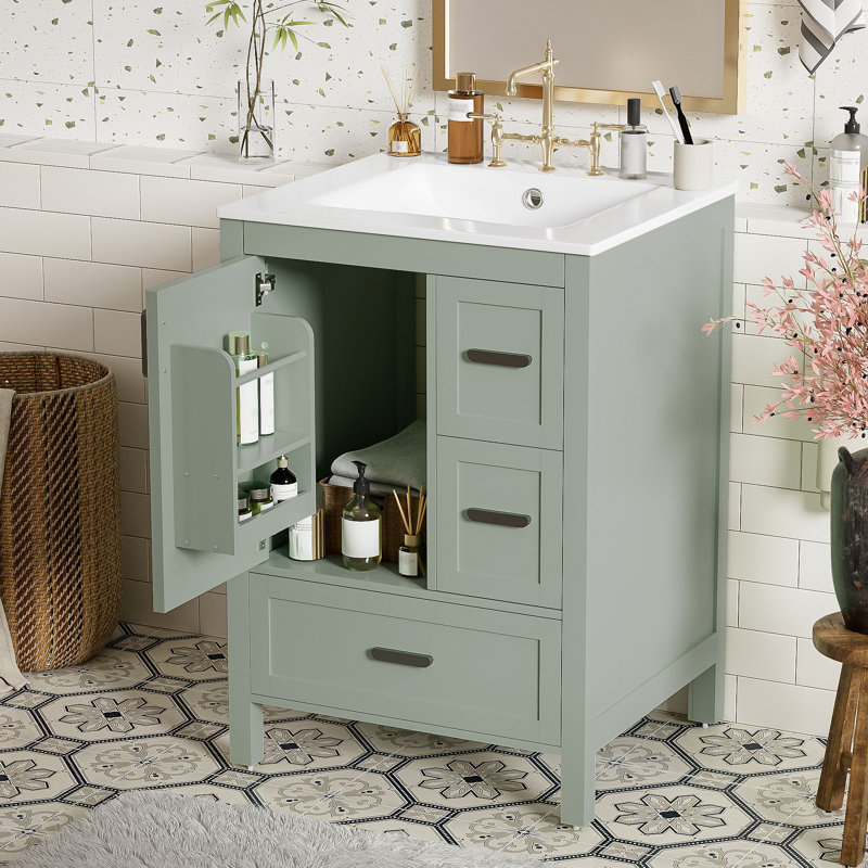 Meuble-lavabo moderne avec lavabo en céramique, porte à fermeture douce, tablette de porte double couche et 3 tiroirs, Vert