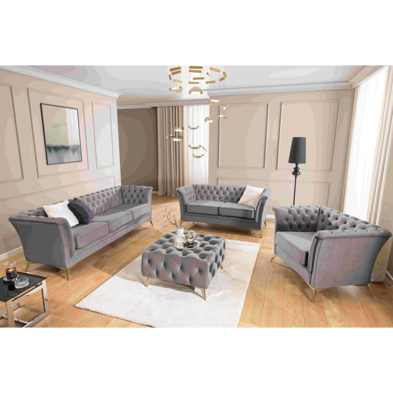 Whitby 3 - Piece Velvet Living Room Set, Grey, Gold