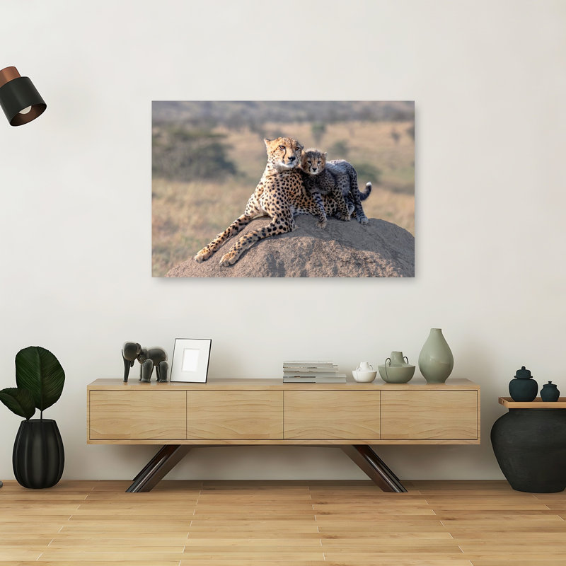 Mother Cheetah And Cub Contemporary Cat Animal Nature Wall Art Print, 101.6cm H x 152.4cm W