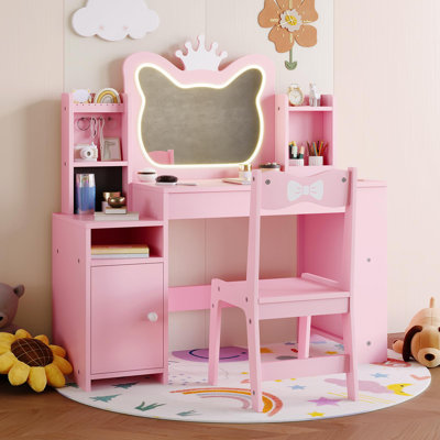 Vanity Table and Chair Set, Makeup Dressing Desk with Large Mirror, Table and Chair Set with Drawer, Shelves and Cabinet for Bedroom & Playroom