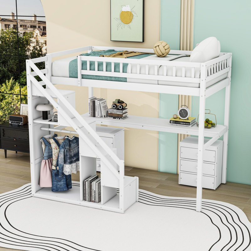 Lit mezzanine en bois avec bureau, lumière DEL, tiroirs de rangement et escalier, Simple, Blanc