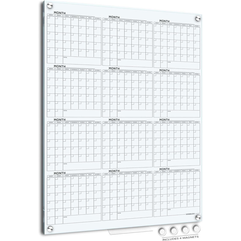 Magnetic 34"x46" Glass Whiteboard Yearly Calendar Planner White Board Calendar