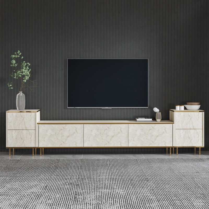 Meuble télé moderne avec portes à pousser, 2 pièces, couleur travertin et or, 70,9 x 17,8 x 13,8 pouces | 100% panneau de particules enduit de mélamine, épaisseur: 0,7 pouce | Design élégant pour le décor du salon et de l'hôtel