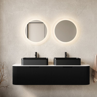 60" Bathroom Vanity With 2 Black Rectangular Ceramic Basins, Floating Curved Edges Striped Storage Cabinet, Drawers, Pre-Assembled, Color, Basin, Counter Top, 3D Finish, Ample Storage, Soft Close