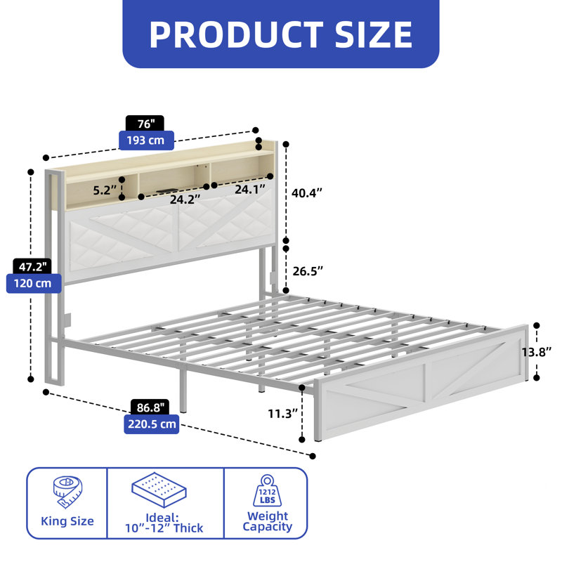 Diamond Rustic Upholstered Platform Bed, White, King