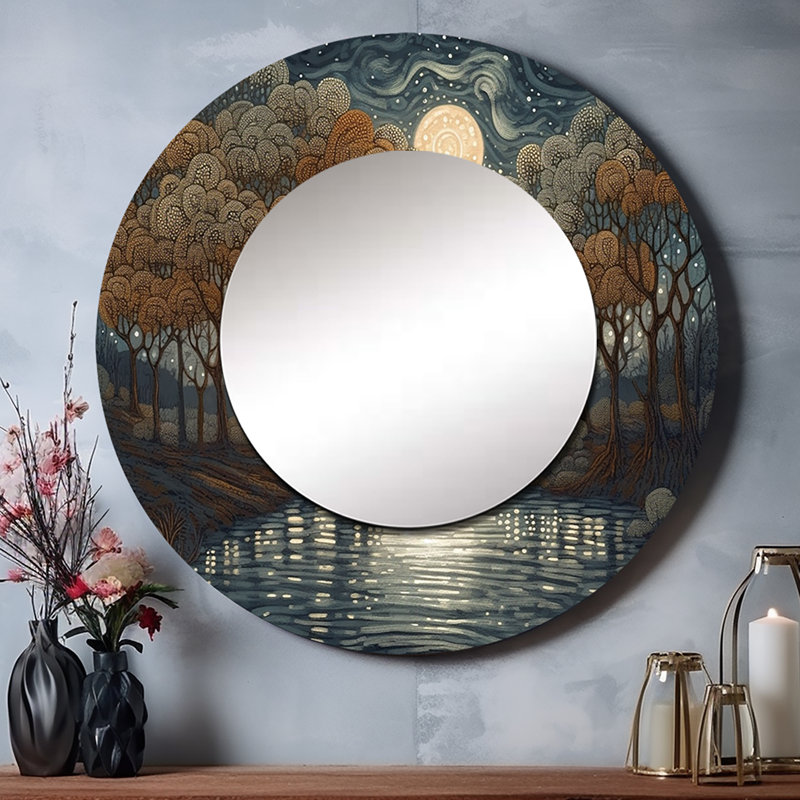 Pashia Blue And Brown Drama Of A Stormy Night City - City Art Deco Decorative Mirror, Blue Round Wall Mirror, Printed Metal Art