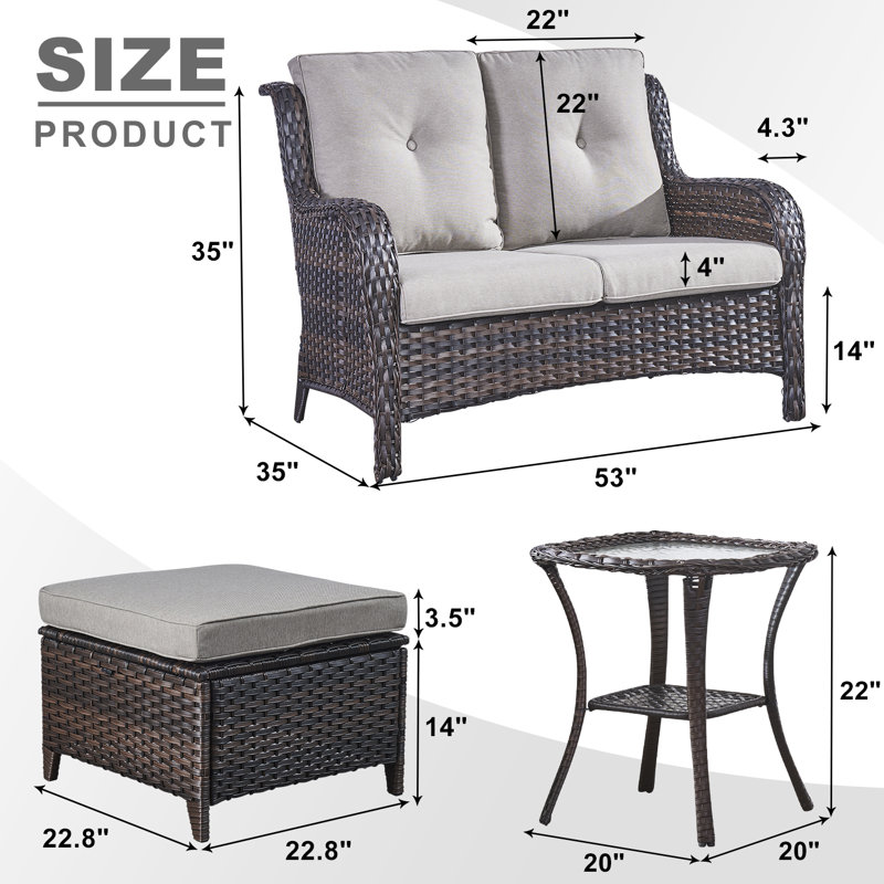 Bonia Wicker 2 - Person Patio Conversation Set with Cushions, Gray