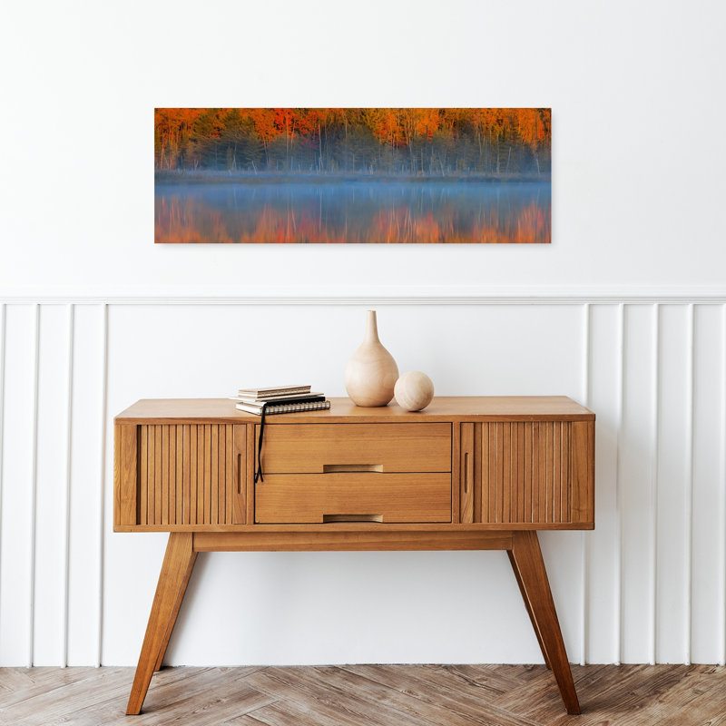 Misty Autumn Lake Reflection Colorful Peaceful Serene Autumn Forest, art mural, H 12 po x l 36 po