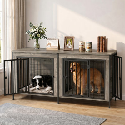 Heavy Duty 54 Inch Double Dog Crate Furniture, Decorative Multi-Pet House Kennel Cage