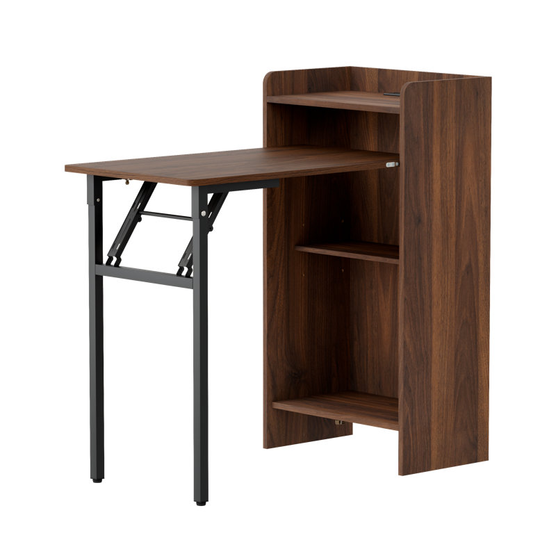 Bureau escamotable compact et pliable avec station de charge intégrée, bureau mural flottant gain de place avec étagères de rangement, bureau d'ordinateur pliant en bois de 76 cm de haut pour petits espaces, bureau à domicile et coiffeuse, noyer