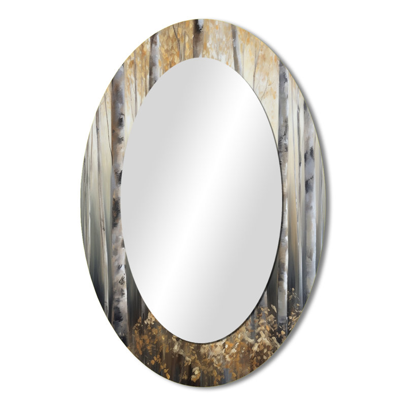 Birch Tree Forest Wonderland III - Grand miroir mural ovale sur métal, 36 po x 24 po