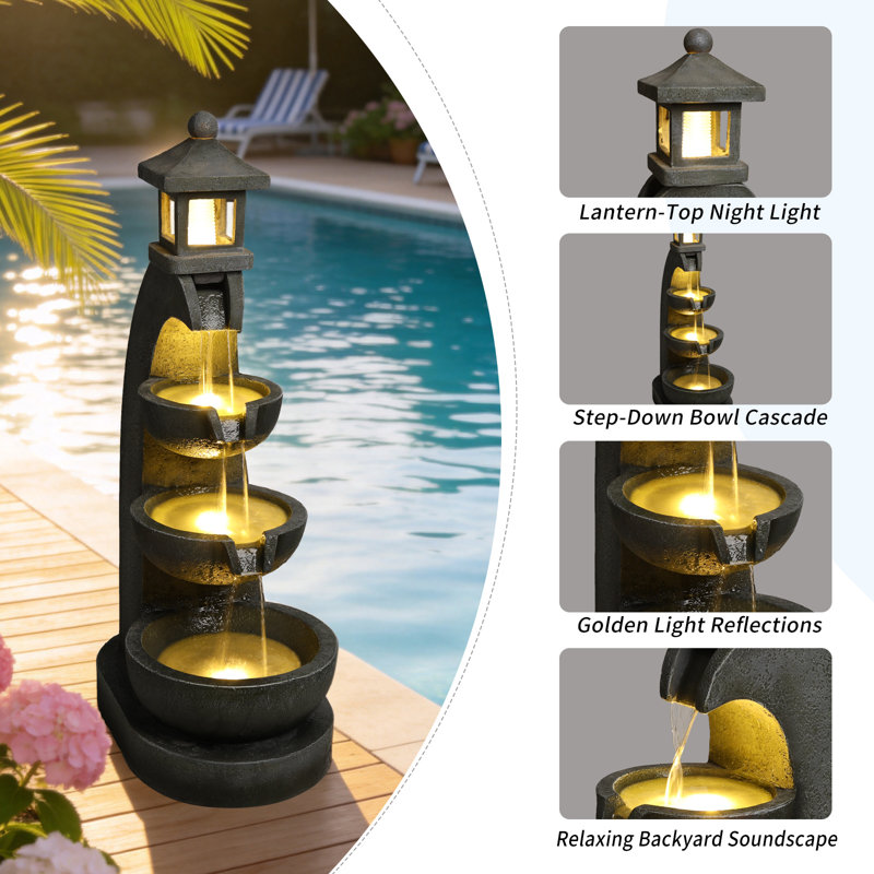 mdj pottery 35.4 Inch Tall Resin Outdoor Water Fountain, 4-Tier Cascading Fountain with LED Lights and Lantern Top, for Patio, Garden, Backyard Decor - Grey