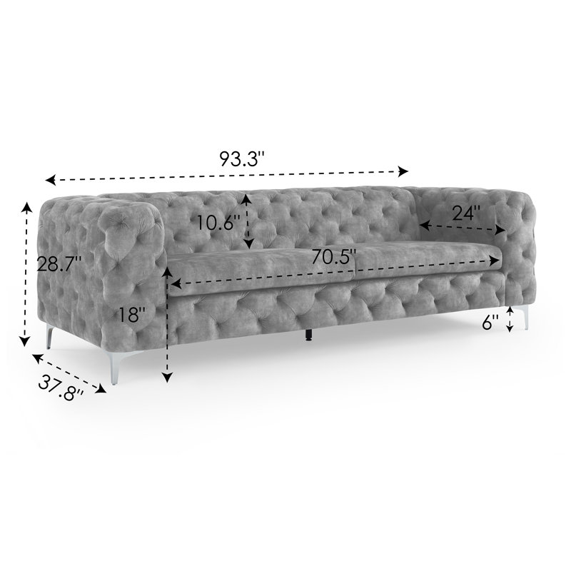 Ghaleb 237Cm Velvet Square Arms Sofa, Light Grey Polyester Blend, Silver
