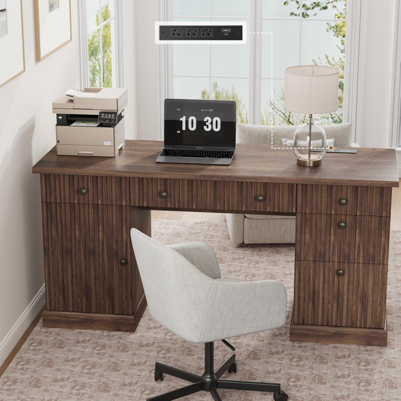 Bureau de direction 60 po moderne, bois cannelé avec tiroirs et prise de courant, poste de travail d'ordinateur brun noyer noir