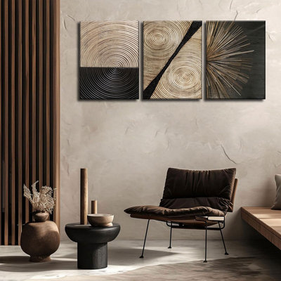 3Pcs Retro Wood Grain Abstract Canvas Wall Art Minimalist Black Golden Line Texture Wall Decor Pictures Neutral Geometric Beige Brown Poster Prints For Living Room Bedroom Home Decoration 16X24in