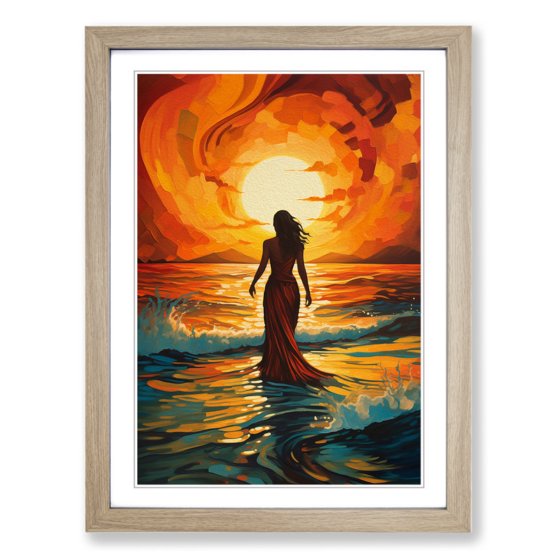 Art Deco Sunset Action Painting Framed Print, 64cm H x 46cm W, Oak Framed