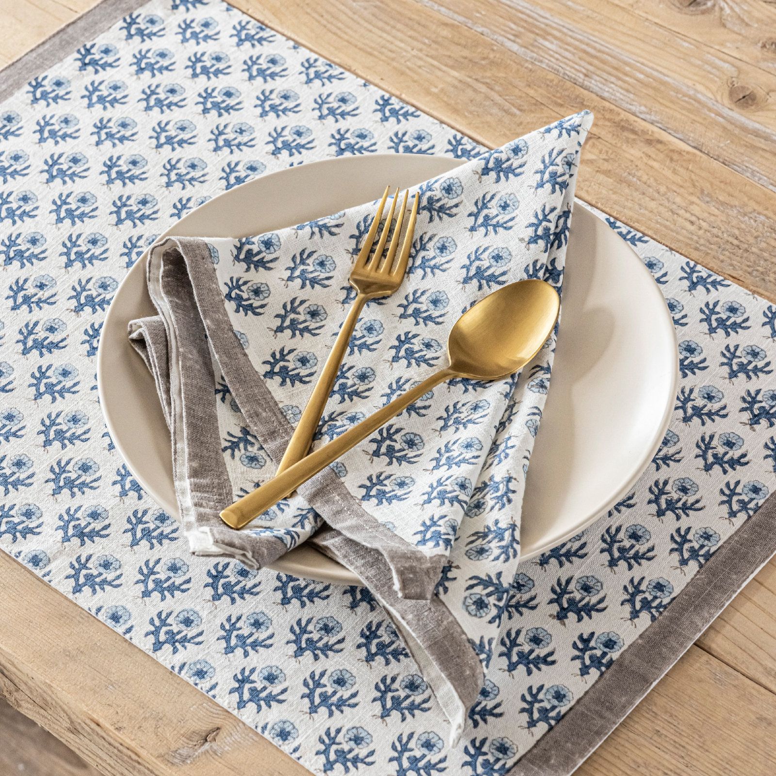Hand-Blocked Cotton Napkin, Blue Bloom