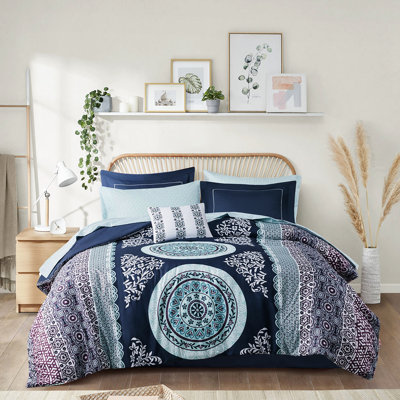 Édredon pour chambre simple - imprimé médaillon bleu marine, taies décoratives brodées, édredon rembourré, relaxant et élégant, tissu à bordure, moderne